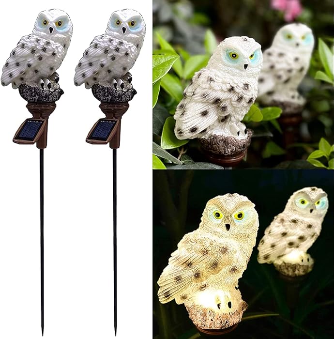 2 Pack Solar Owl Garden Light, Outdoor Path Solar Powered Owl Stake Lights for Walkway Yard Lawn Landscape Lighting (White Owl)