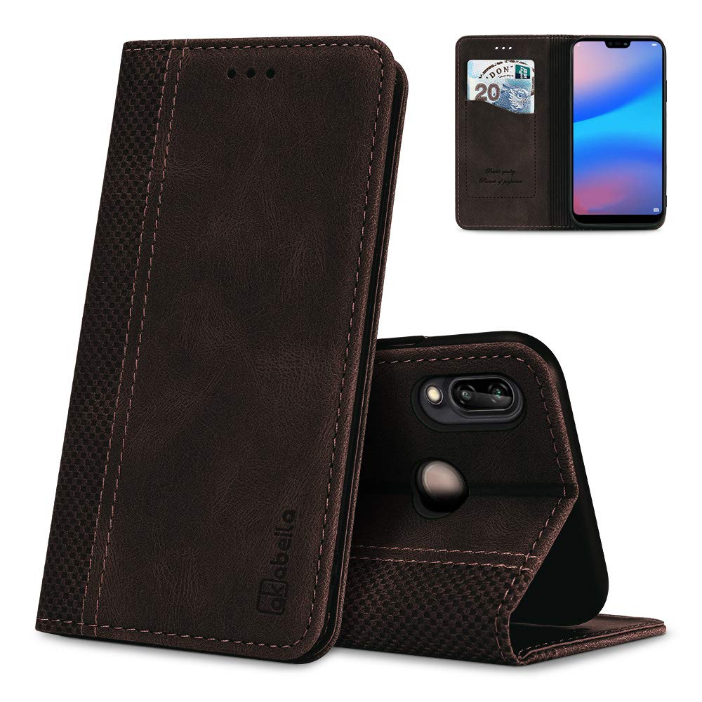 AKABEILA Case for Huawei P20 Lite 2018 Premium PU Leather Flip Wallet Case with Magnetic Closure Kickstand Card Slots Folio Phone Case Cover Shockproof Dark Brown
