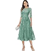 IOVMEIR Sequin Floral Mother of Bride Dresses Tea Length Tulle Lace 3/4 Sleeve Wedding Guest Dress A-Line Formal Gown