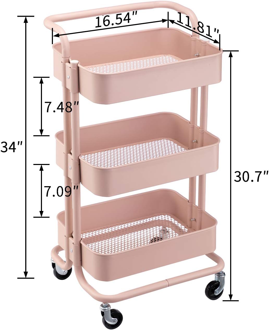 MATICO 3-Tier Metal Utility Service Cart Rolling Storage Shelves with Handles, Storage Utility Cart, Pink-White Makeup Cart : Office Products