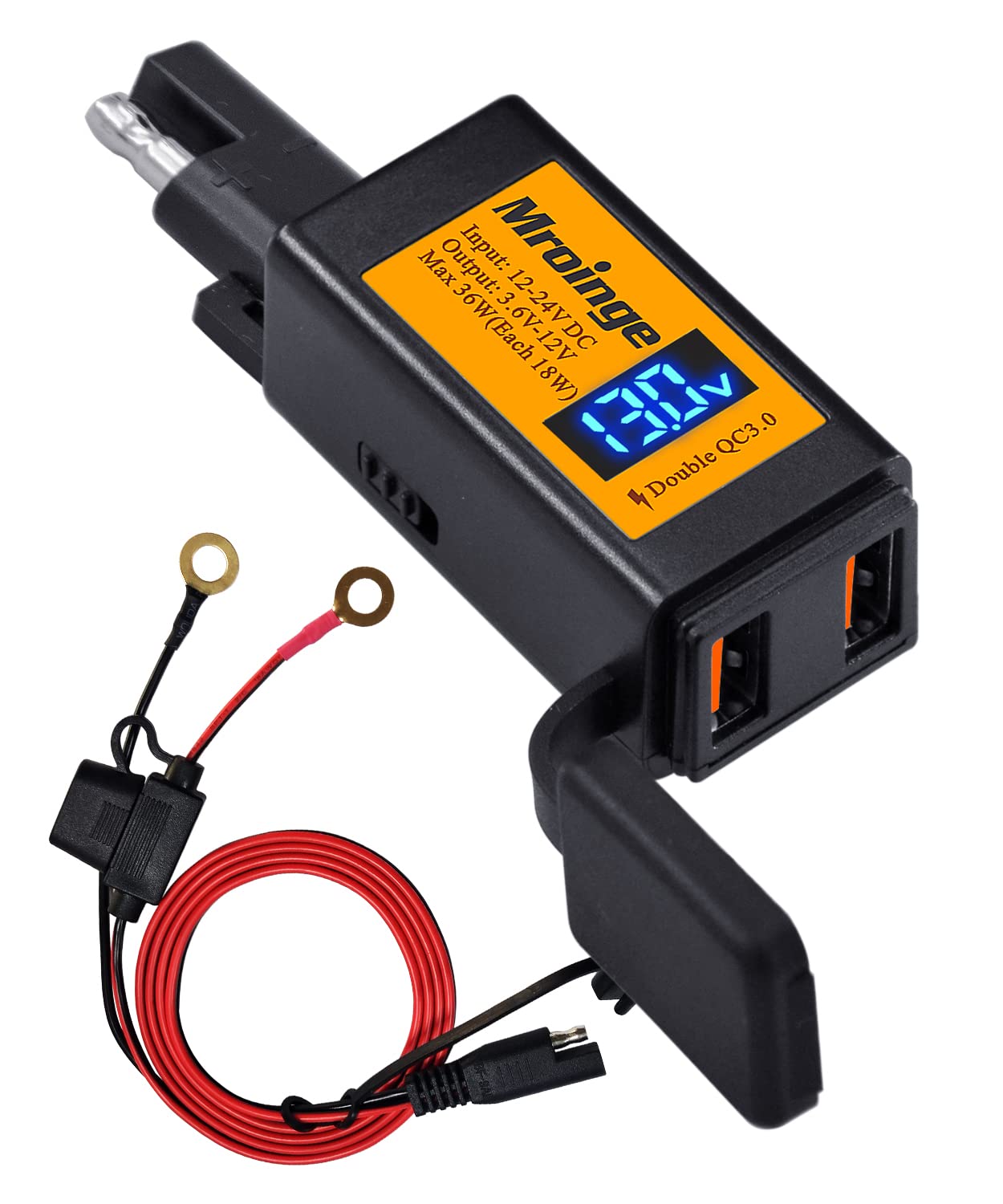 Photo 1 of Motorcycle USB Charger, Mroinge 6.8A SAE to USB Adapter Dual Port QC3.0/2.0 Fast Charge, with Voltmeter/Ammeter & ON/Off Switch & 10A Fuse, Perfect for Your Phone or Smart Device Charging