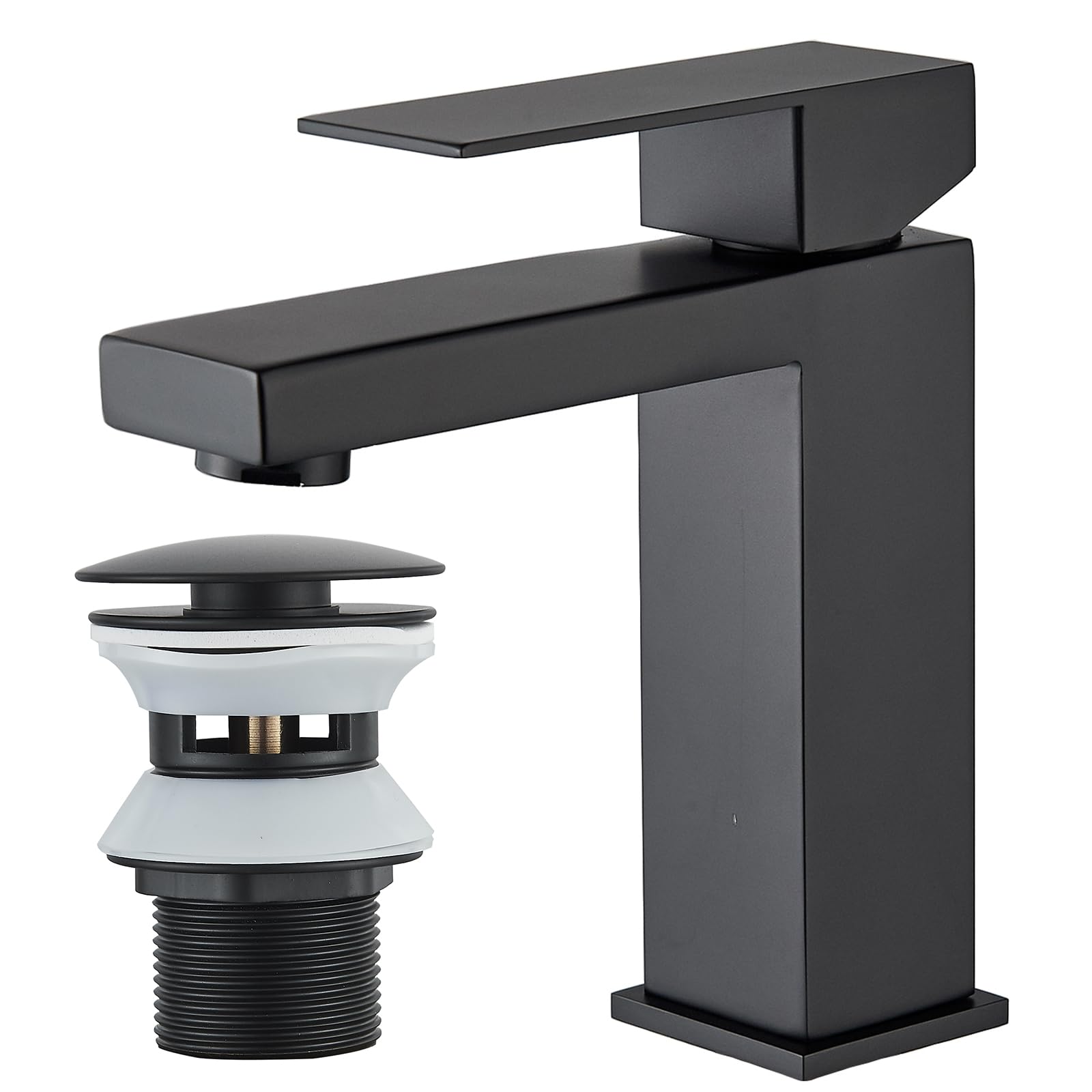 Rozin Basin Taps with Pop up Waste Bathroom Square Sink Mixer Tap with Sink Plug Single Lever Black Basin Mixer Tap with G1/2’’ Hoses Single Lever Modern Easy Installation