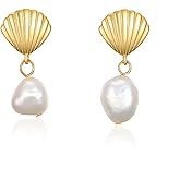 Forrylin S925 Sterling Silver Seashell Pearl Drop Earrings for Women, Baroque Pearl Seashell Dangle Earrings, Cute Shell Earrings Studs, Shell Drop Earrings