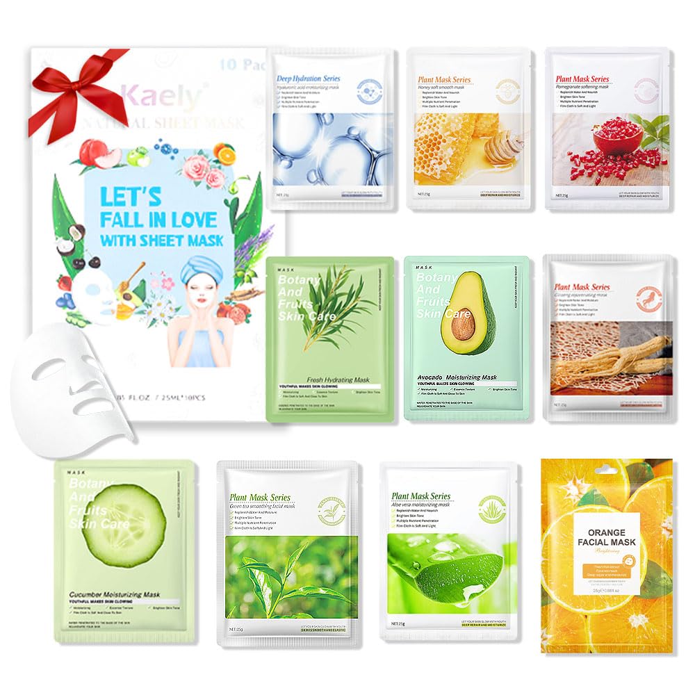 Kaely 10 Pack Variety Sheet Masks, Spa Party Face Masks for Kids Skin Care, Facial Mask Skincare Set Korean, Moisturize Nourish for All Skin Types, Birthday Gifts for Women Men Girls, Set01