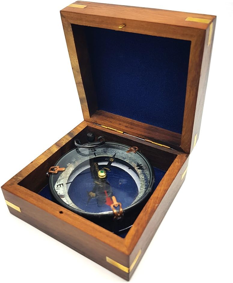 Nautical Vintage Style 'Spencer & Co.' Glass Compass with Rose Compass Wooden Gift Box - Hiking, Camping, Outdoor, Navigation, Tools,