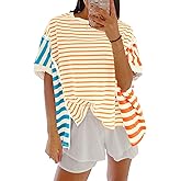 Tankaneo Womens Oversized Striped T-Shirts Color Block Short Sleeve Tee Tops Summer Casual High Low Hem Shirts