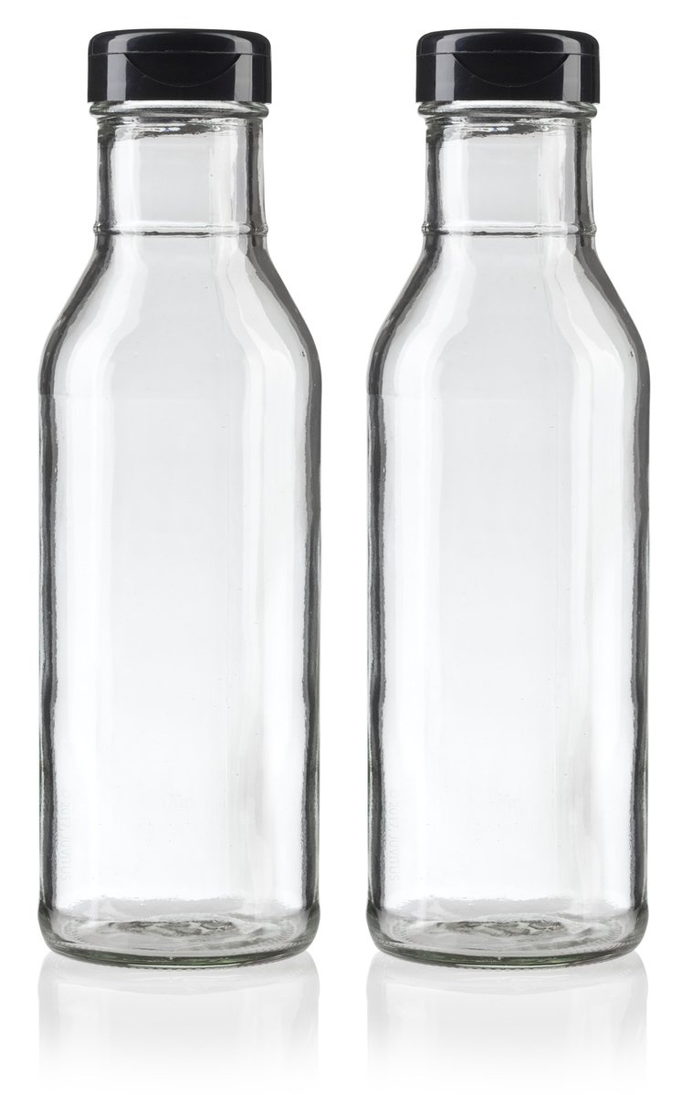 Photo 1 of JUVITUS 12 oz Professional Clear Glass Thick Wall Sauce Bottle with Drip Resistant Flip Top Cap (2 Pack) for BBQ Sauce, Salad Dressings
