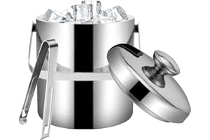 UgyDuky 1.3L Ice Bucket with Lid, Ice Tong and Strainer Double Wall Stainless Steel Ice Bucket with Handle Insulated Ice Buck
