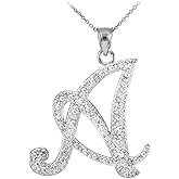 925 Sterling Silver Cubic Zirconia Accented Script Initial Letter A Pendant Necklace - Choice of Length