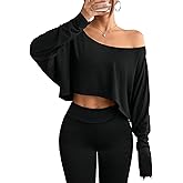 Hilinker Womens Off Shoulder Long Sleeve Crop Tops Sexy Boat Neck Loose Casual T Shirt
