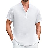 Enlision Mens Cotton Linen Henley Shirts Casual Short Sleeve Shirt Summer Beach Hippie Tshirt Band Collar Shirt for Men