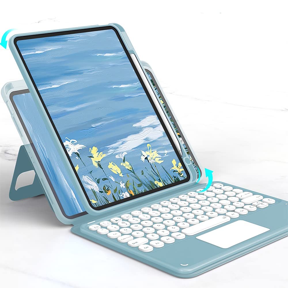 Photo 1 of HENGHUI Magnetic iPad 10th Generation 2022 Keyboard Case with Touchpad Cute Color Keyboard Vertical Stand Movable Clear Back Case Detachable Keyboard (MistyBlue(Round Key))
