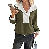 Fisoew Womens Cropped Oversized Sweatshirt Casual Lapel V Neck Long Sleeve Contrast Drawstring Loose Fit Fall Pullover Tops