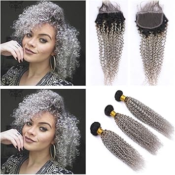 Amazon Com 1b Grey Ombre Kinky Curly 3 Bundles Brazilian Virgin