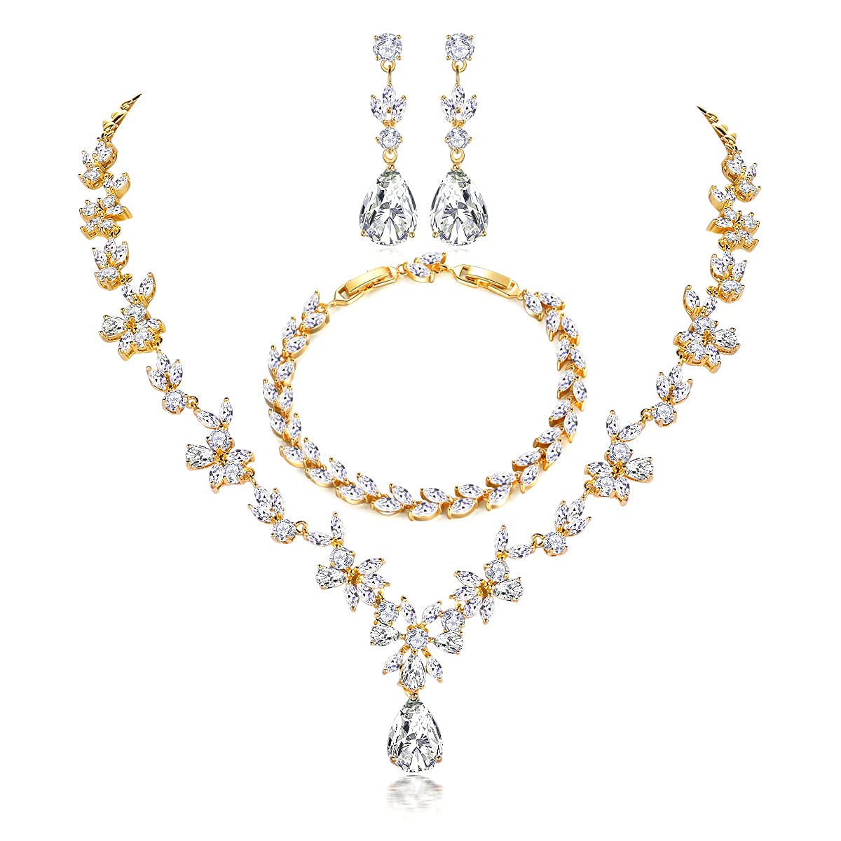 Shuxin Jewellery Set for Women, Necklace Dangle Earrings Bracelet Set, Gold Plated Jewelry Set with White AAA Cubic Zirconia, Allergy Free Wedding Party Jewellery for Bridal Bridesmaid