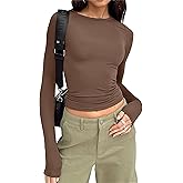 Women's Slim Fit Going Out Crop Tops Casual Solid Color Crew Neck Long Sleeve Tight Tee Shirt Basic Streetwear Brown