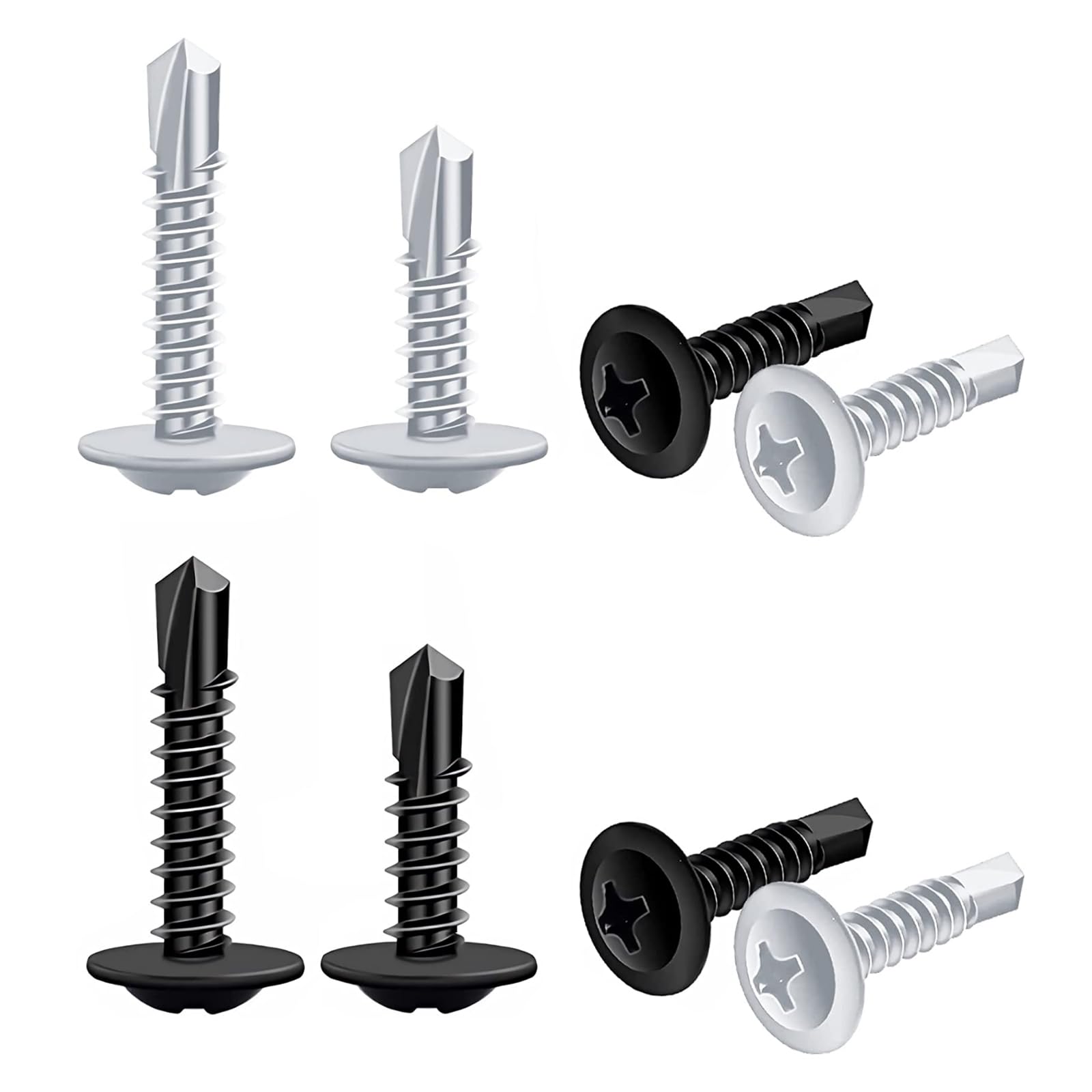 120pcs Self Tapping Screws Metal M4.2 Stainless Steel Self Drilling Screws Cross Drive Round Head Fastening with Plastic Box for Metal Plastic Wood Concrete-Black Silver Size 1/2" 3/4"