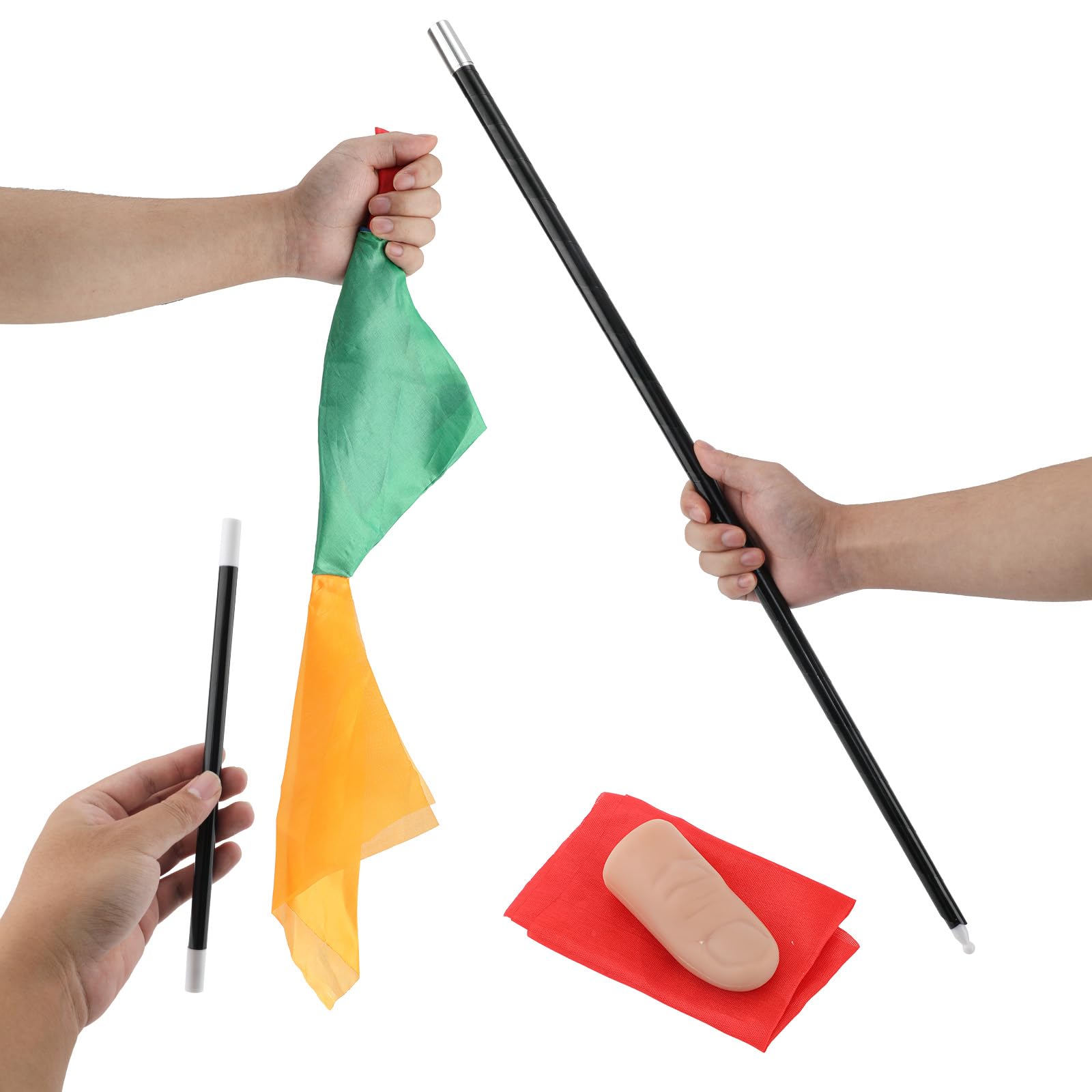 NQEUEPN 4pcs Magic Trick Kit, Color Changing Silk Scarves Vanishing Finger Thumb Tip Magic Hanky Plastic Magician Wand Retractable Pocket Staff Props for Magic Beginner Stage and Street Accessories