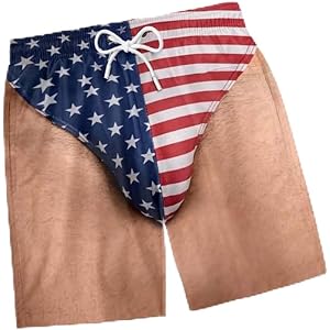 Custom Funny Patriotic Men American Flag Sling Briefs Prank Swim Trunks, 3D Hairy Body Briefs Graphic Swim Trunks