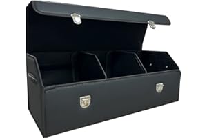 Wuatow Trunk Organizer for Car With Lid,Foldable Trunk Organizer for SUVs & Sedans,Multi-Functional Leather Storage Box- Black - Large