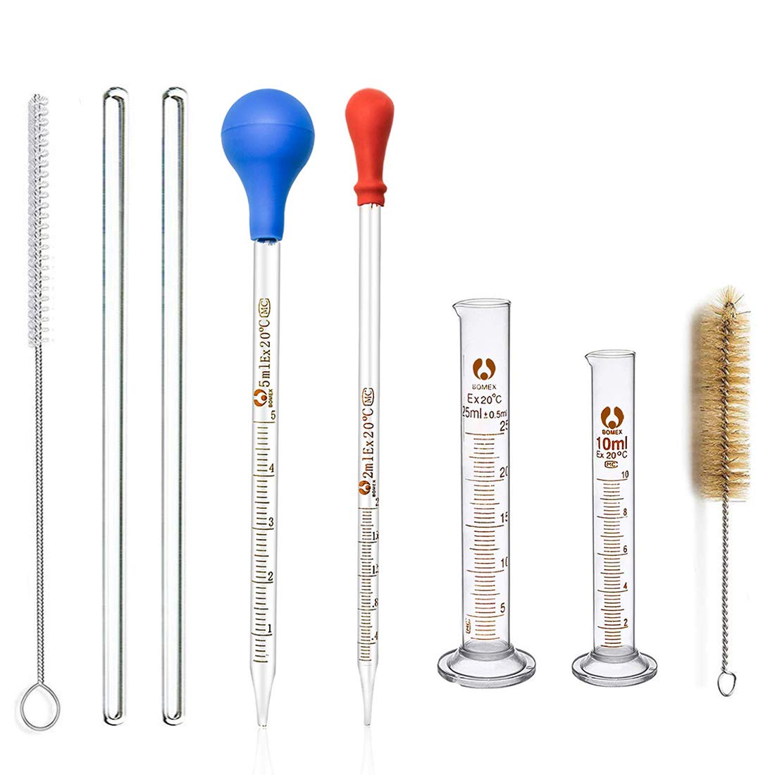 Glass Pipettes Graduated Cylinder Set, Jestool 2pcs Glass Graduated Dropper Pipette 2ml 5ml, 2pcs Glass Graduated Cylinder 10ml 25ml, with 2pcs Droppers Cleaning Brush and 2pcs Glass Stirring Rods