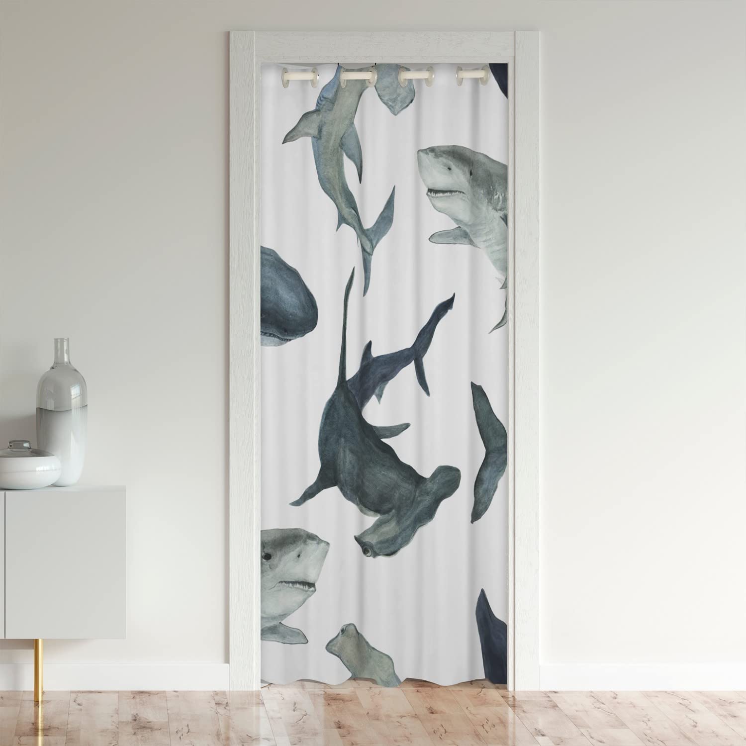 Loussiesd Shark Door Curtain for Doorway Privacy 86x203cm Ocean Sea Animal 30%-50% Room Darkening Blackout CurtainSea Underwater World Marine Theme Blue Animal Room Divider Curtain Cover — image 1