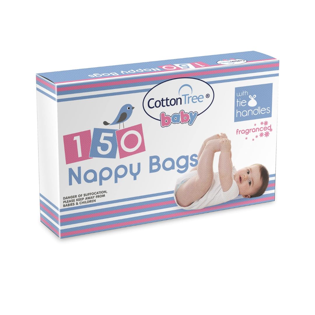 SOTL® Cotton Tree Essential Fragranced Nappy Bags with Tie – Eco-Friendly Disposable Diaper Bags for Odour Control Baby Changing Supplies for Travel & Home Use 150 Pack