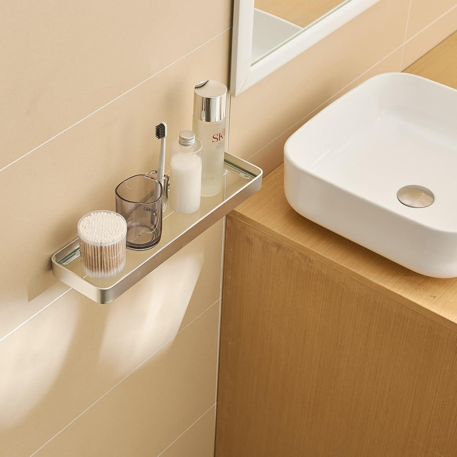 Bathroom Shelving Solution, Rectangular Tempered Glass Bathroom Shelf Wall Mounted, with Aluminum Frame, Shower Storage Organizer (16 inch, Matte Silver): Kitchen & Dining