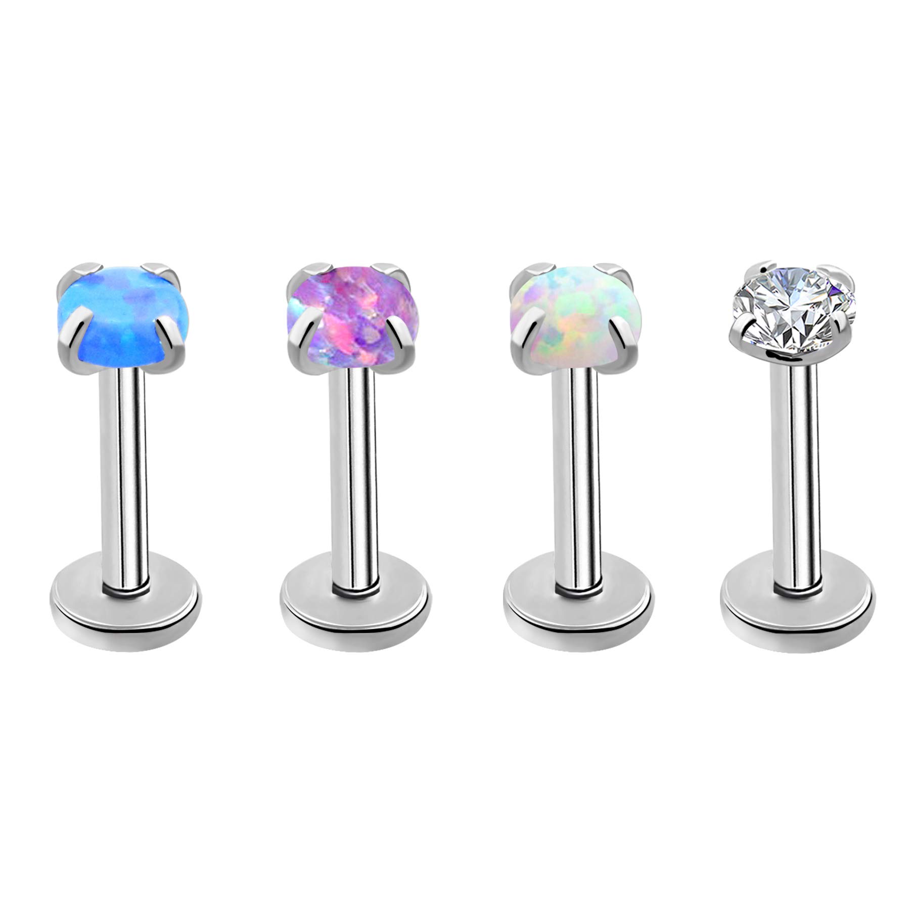 OUFER 4PCS Helix Tragus Piercing Jewelley Lip Bar Piercings Labret Studs Pack Internal Thread 16G Flat Back Conch Rings Earring Monroe Medusa Synthetic Opal CZ Stainless Steel Cartilage Jewellery