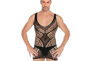 SINROYEE Men's Sheer Lace Lingerie Sissy clothes Sexy Tight Cut Out Elastic Nightgown One-piece Bodysuit