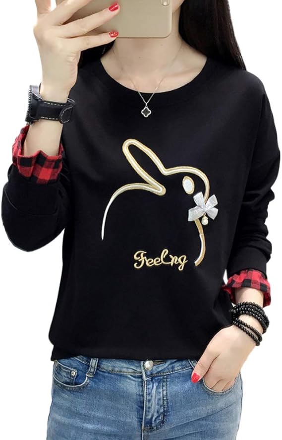 Amazon Yuanyuan 春と秋の服 レディーストップス カジュアルトップス 長袖トップス 韓国風 ラウンドネック 大きいサイズ レディースtシャツ チェック柄長袖 レディース トップス セーター Tシャツ カットソー 通販