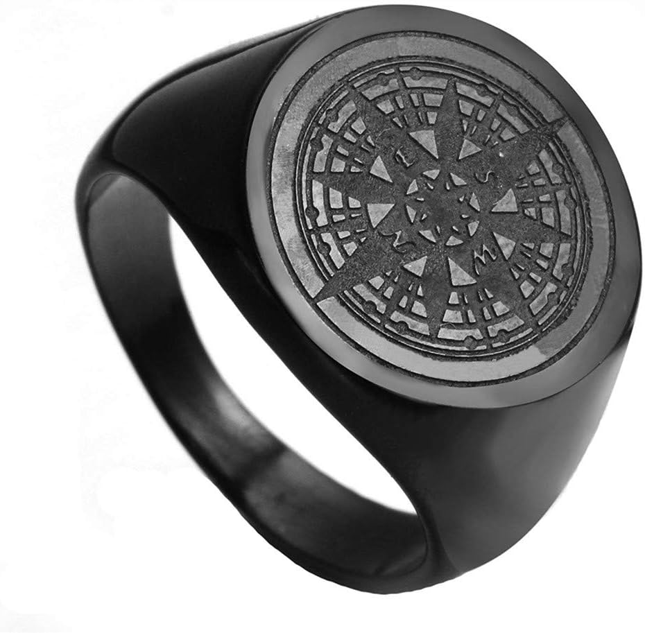 Oakky Men's Stainless Steel Stars Vintage Round Compass Signet Ring (Multi Colors)