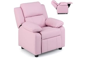 Costzon Kids Recliner, Leather Recliner Chair w/Footrest, Armrest Storage, Headrest & Lumbar Support, Ergonomic Lounge Chair for Gaming Room, Adjustable Pink Recliner Sofa for Boys Girls (Pink)