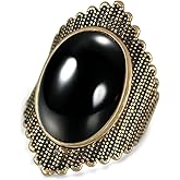 HAIXIAN Gold Oval Black Obsidian Stone Wide Band Ring for Women,Retro14K Yellow Gold Plated Gemstone Crystal Turkish Full Finger Band Ring,Antique Cocktail Party Turkey Index Finger Band Ring Jewelry Gift for Women Her