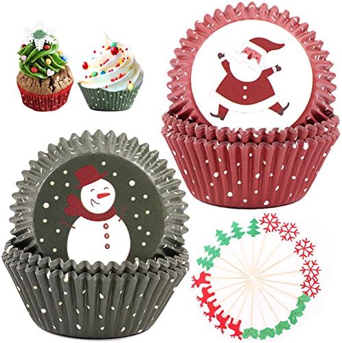Cupcake Liners Wrappers for Christmas Eve Party, 200 Pieces Muffin Polka Dots Backing Cups Including 20 Pcs Christmas Motive Cake Toppers Flags