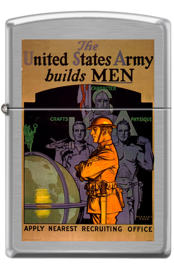 Zippo U.S. Army Builds Men Vintage Design Lighter, Brushed Chrome, Windproof & Refillable, Genuine Official Zippo