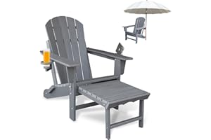 CLOUDEEP Adirondack Chair with Retractable Ottoman, Folding Adirondack Chairs with 2 Cup Holders, Outdoor Adirondack Chairs with Footrest Used for Patio, Fire Pit, Garden Lawn, Porch, Grey