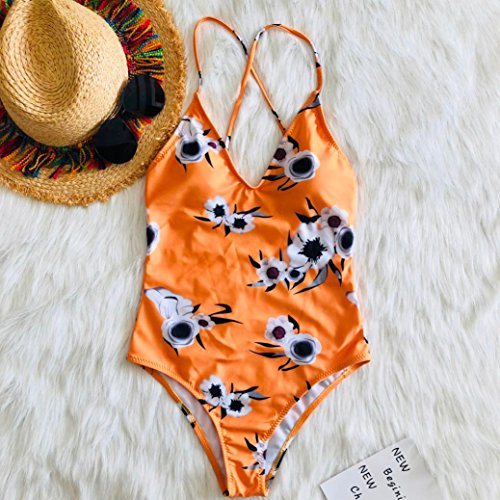 Elogoog Women's Flower Cutout Deep V Neck Monokini Backless 2018 New Printing One Piece Swimsuit Bathing Suit (Yellow, L)