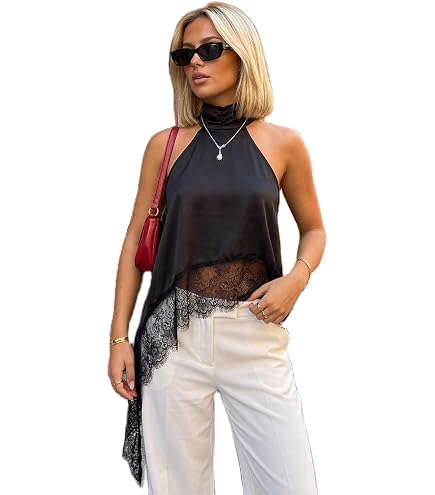 Women Satin Halter Top Y2K Mock Neck Lace Trim Asymmetrical Hem
