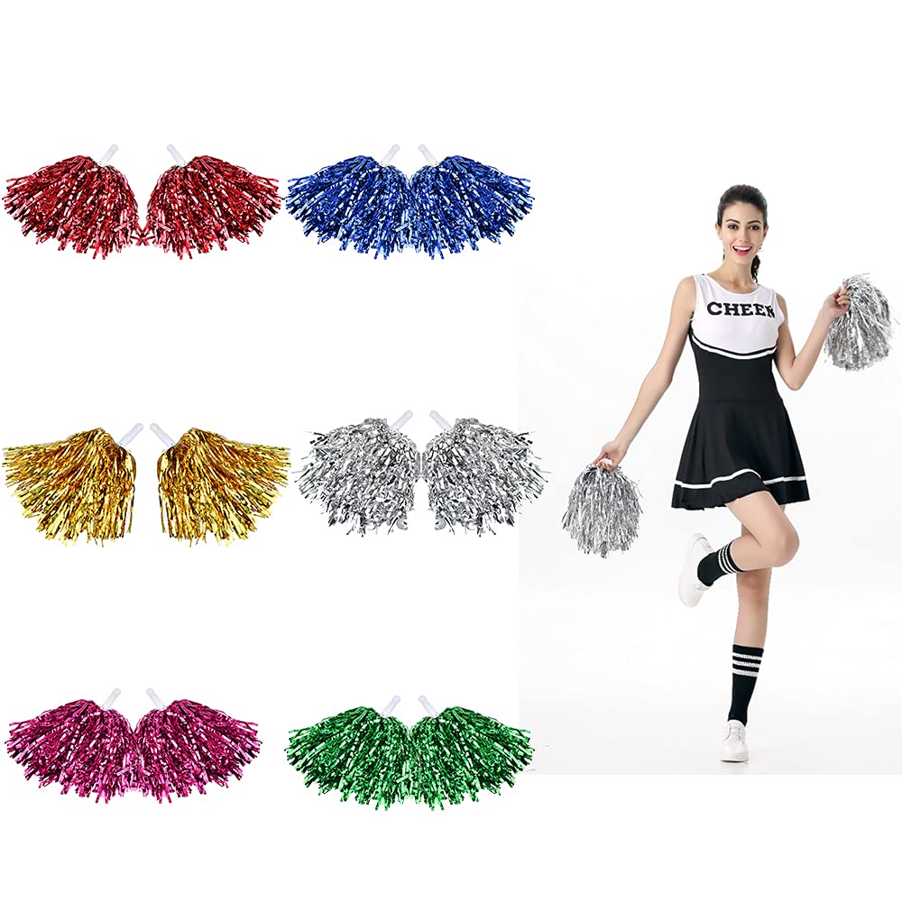 FIGFYOU 12 Pack Cheerleading Pom Poms, Cheer Pom Poms Dance Pom Poms Fluffy Pom Poms Cheer Metallic Strips With Plastic Handle for Sports Matches, Stage Performance, Holiday Celebrate (6 Color)