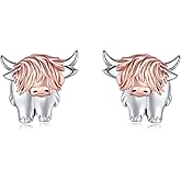 Highland Cow Stud Earrings for Womens 925 Sterling Silver Western Cow Earring Rose Gold Cow Jewelry Animal Earrings Gifts for Women Scottish Highland Cow Gifts Hypoallergenic