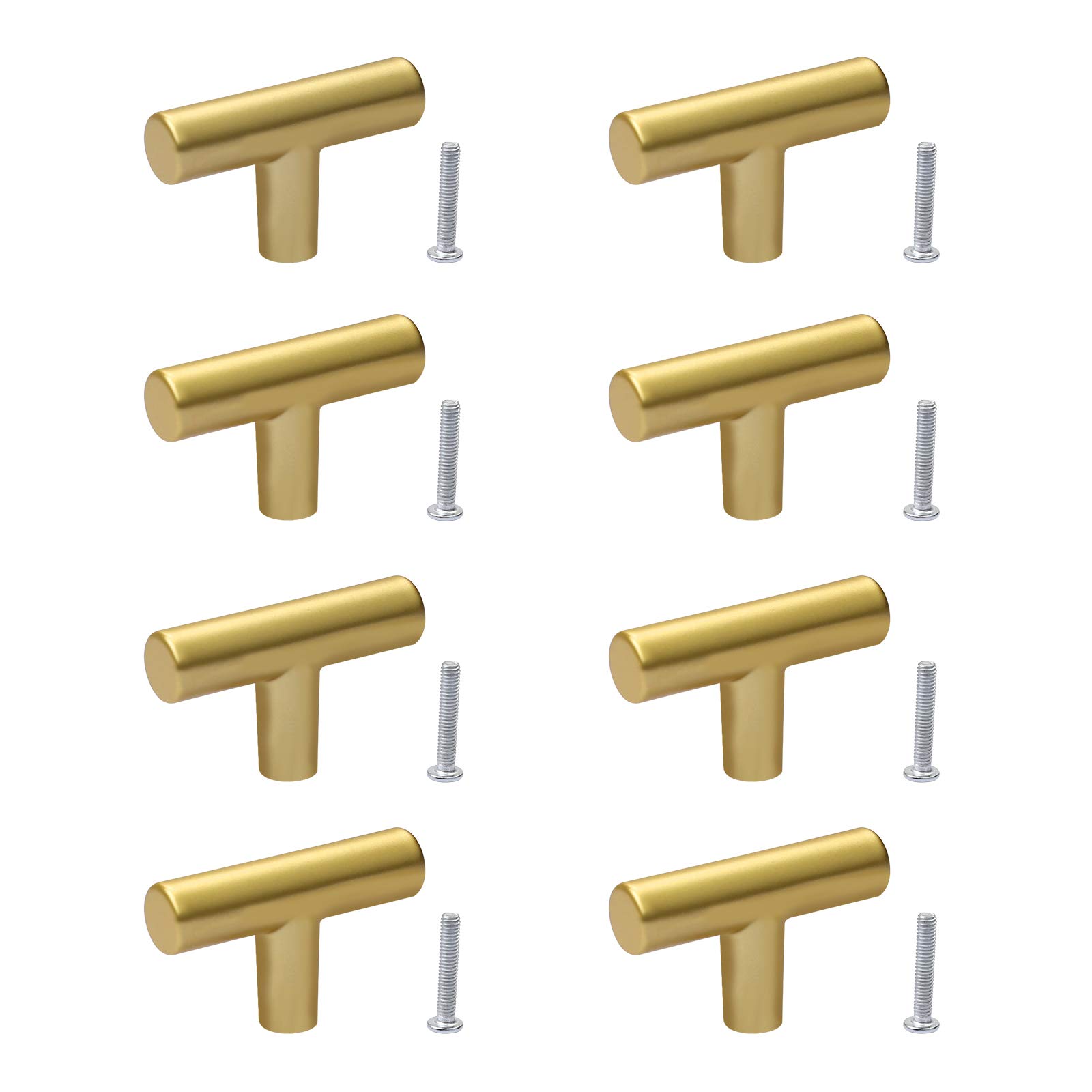 8 Pieces Gold Single Hole T Bar Handles for Bathroom Kitchen Cupboards Drawers with Matched Screw Blots, Aluminum Alloy, Gold