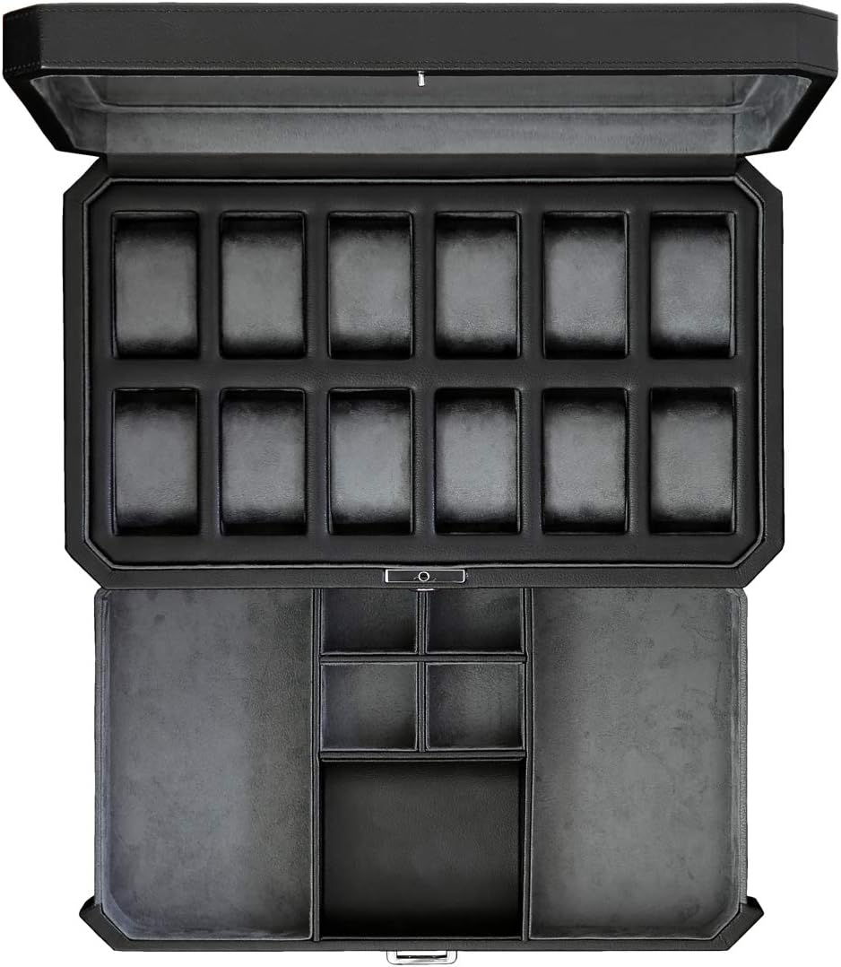 VALR Watch Box with Valet Drawer for Men - 12 Slot Luxury Watch Case Display Organizer, Microsuede Liner, Locking Mens Jewelry Watches Holder, Men's Storage Boxes Holder Large Glass Top