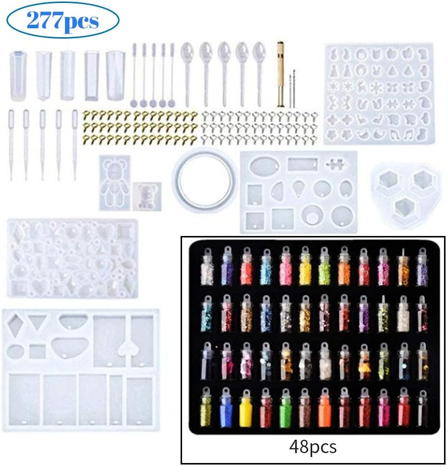 SaferCCTV 277Pcs Resin Molds, Silicone Resin Casting Molds Set, Jewelry Casting Molds with 48 Colors Flash Sequin Powder for DIY Jewelry Resin Craft Making