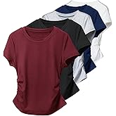 RoseSeek Women's 5 Packs T Shirt Short Sleeve Ruched Basic Tops Crewneck Summer Tee Top