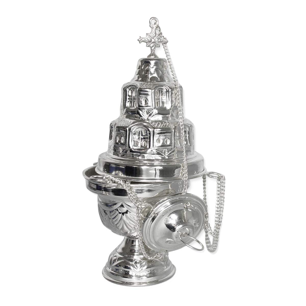 NKlaus Incense Burner 'Jerusalem' Brass silver plated Chain 30cm Inner Bowl Ø 10cm Silver Incense Burner Handmade 2171