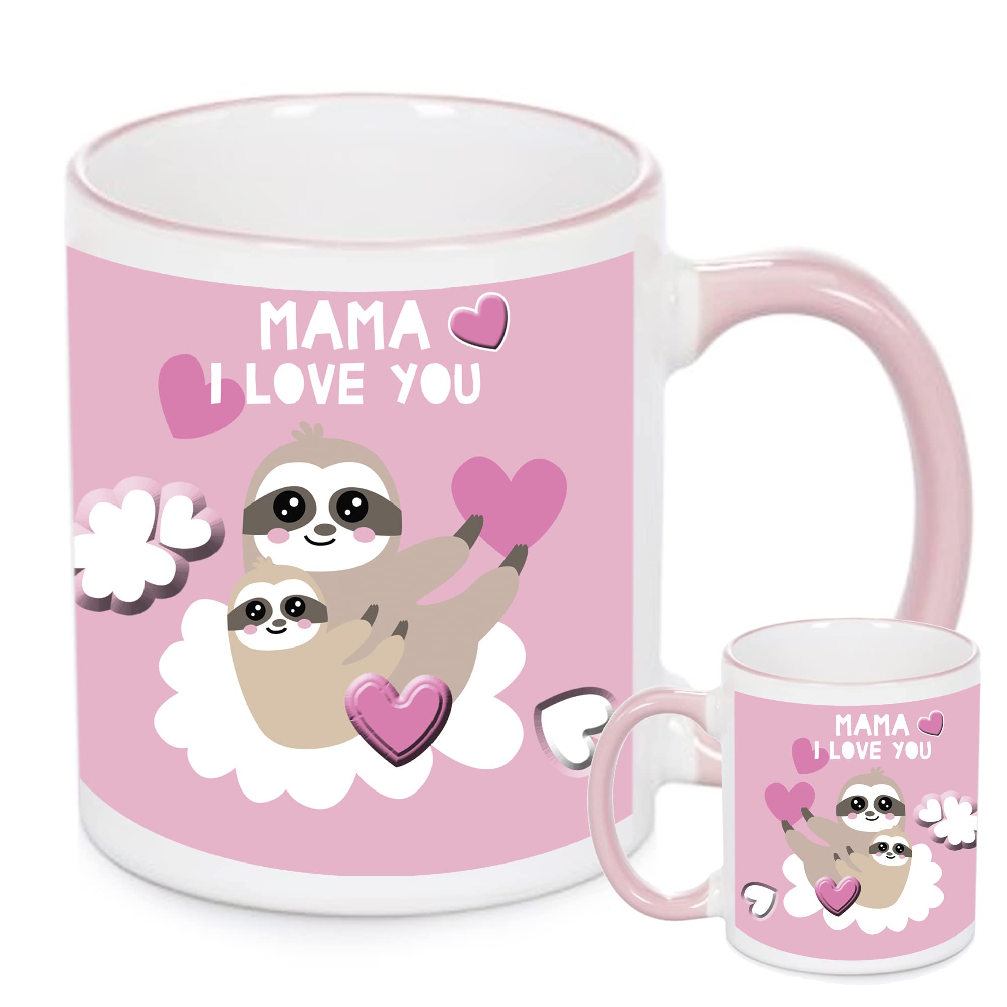 Mama I Love You, Sloth Gift Mug for Tea or Coffee. Mother's Day Gift Mug. Pink Rim and Handle. Gift for Mum. 11oz Ceramic Mug for Sloth Fans.