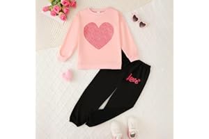 Girls Pants Set, Pink Sweatshirt with Glitter Heart and Black Love Print Joggers 2-Piece Outfit for Girls 8-12 Y