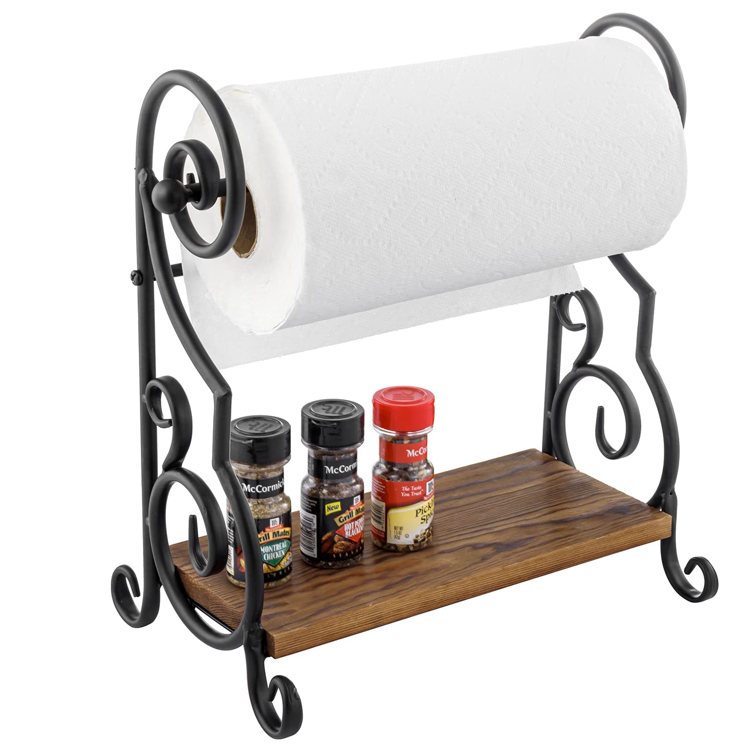 Photo 1 of MyGift Black Metal Countertop Paper Towel Holder with Rustic Solid Burnt Wood Storage Shelf and Scrollwork Design, Easy Refill Single Roll Holder
