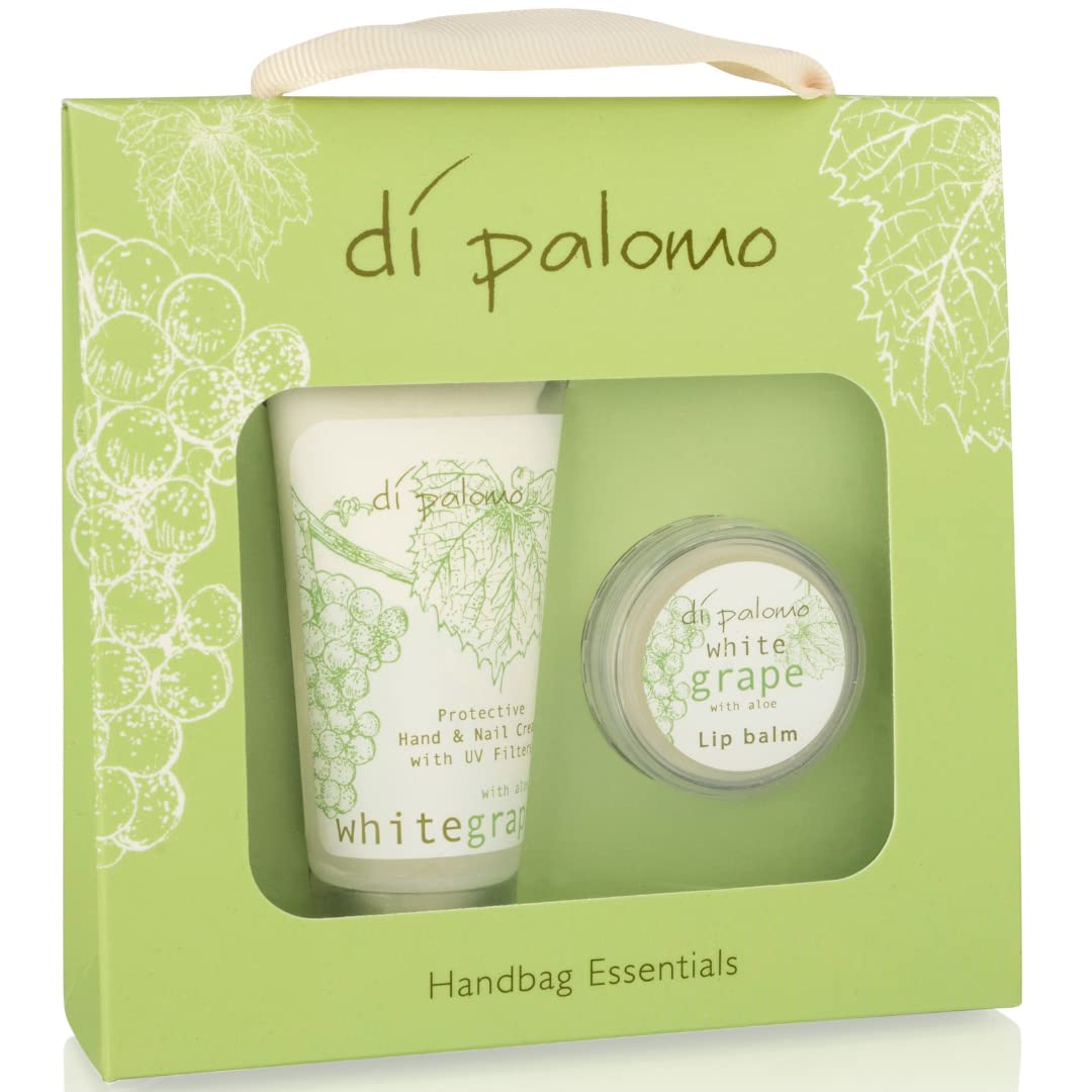 Di Palomo White Grape & Aloe Handbag Essentials Kit. Hand Cream & Lip Balm. Makeup Bag & Travel Essentials Kit. Skin Care Essentials Gifts for Her. Moisturising Gifts for Women.